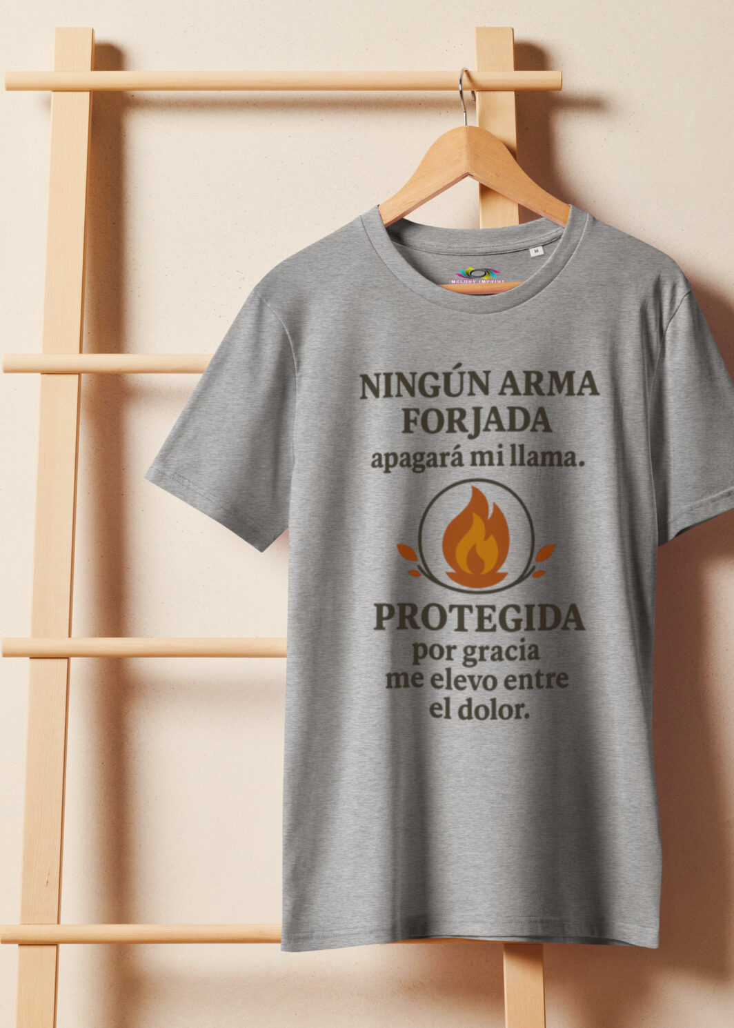 Ningún Arma Forjada Tee – Spanish Christian Unisex Organic T-Shirt – Protegida Por Gracia – Faith Flame Quote
