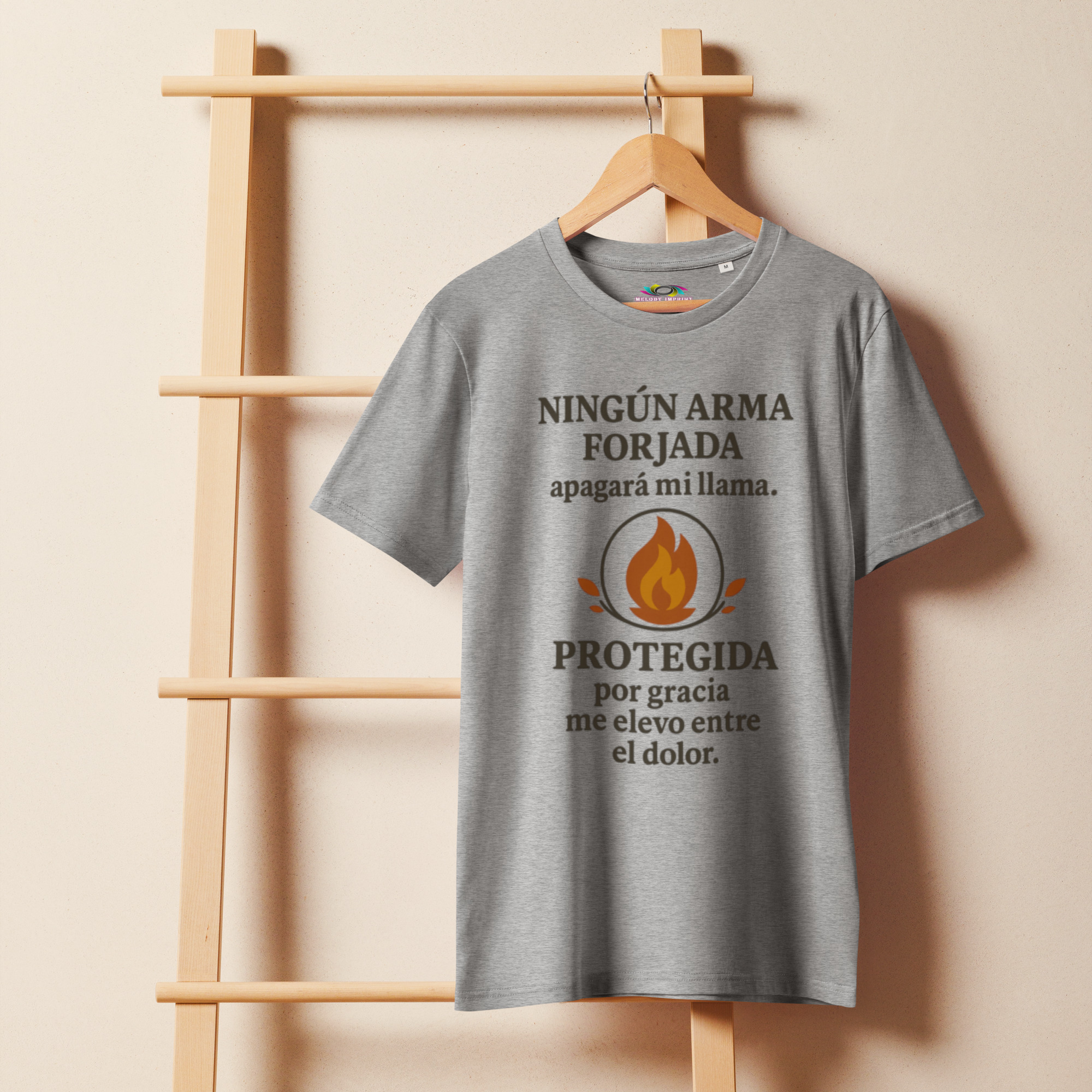 Ningún Arma Forjada Tee – Spanish Christian Unisex Organic T-Shirt – Protegida Por Gracia – Faith Flame Quote