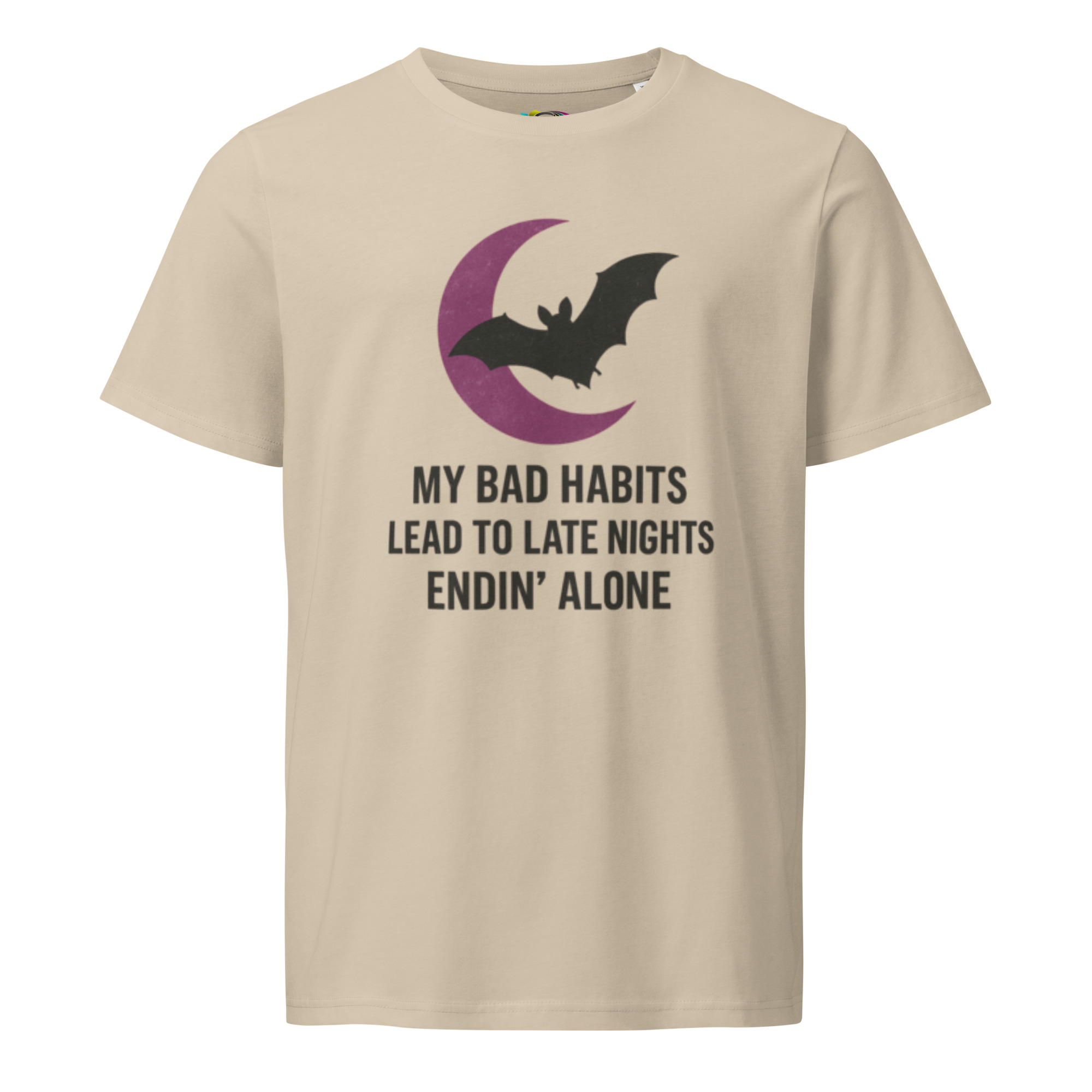 Inspirational Moon & Bat T-Shirt – Unique Organic Cotton Tee for Night Thinkers & Gift Givers - Image 3