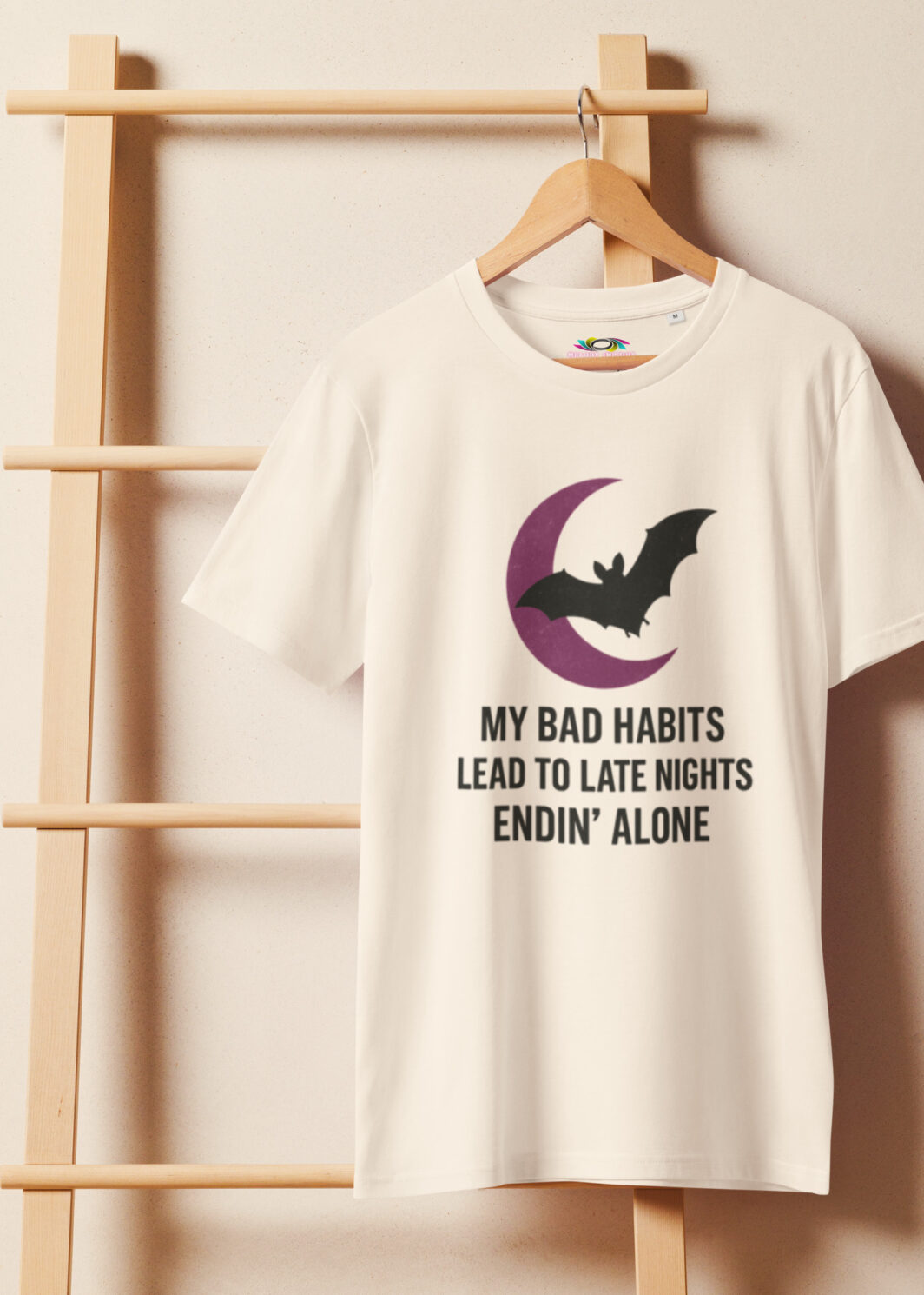 Inspirational Moon & Bat T-Shirt – Unique Organic Cotton Tee for Night Thinkers & Gift Givers