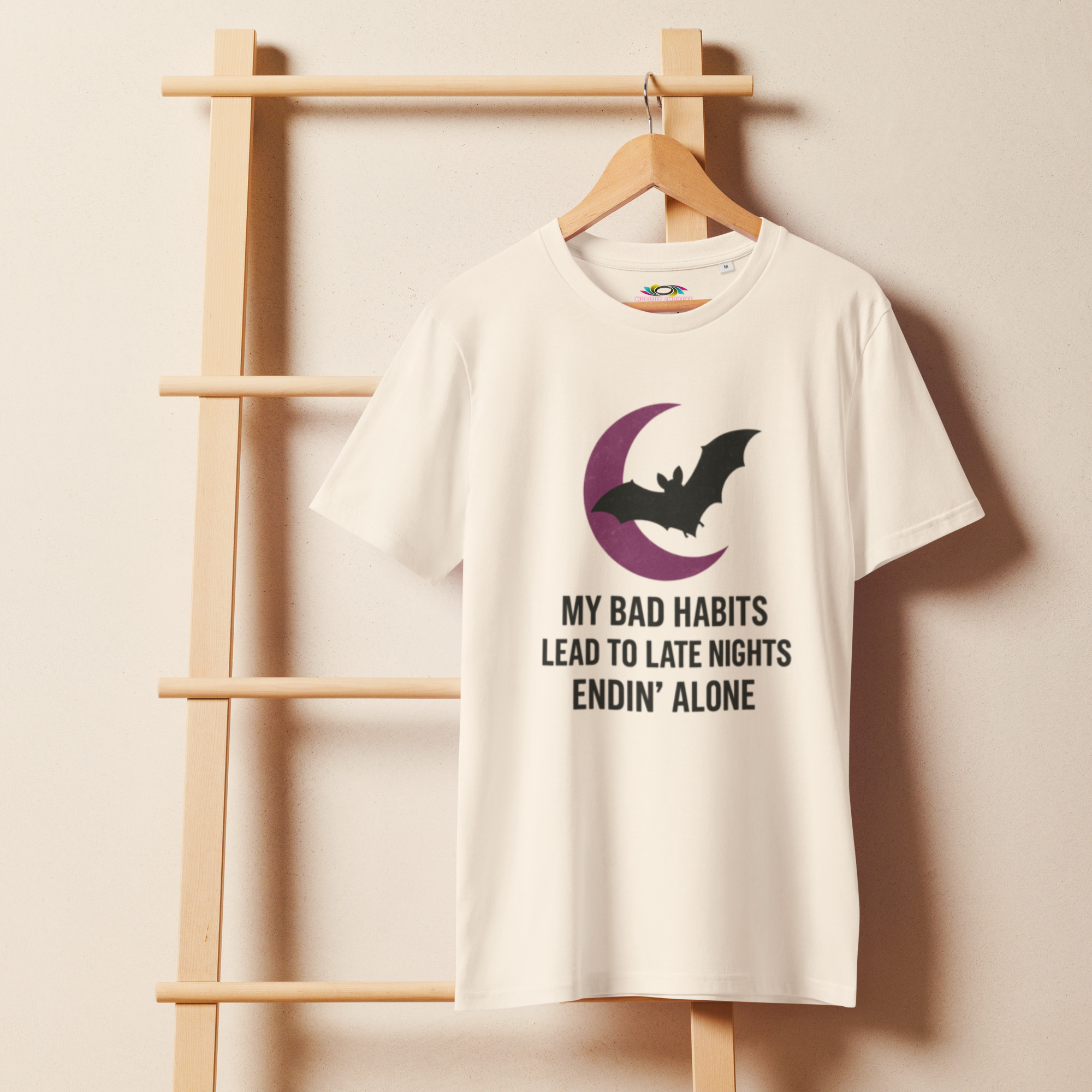 Inspirational Moon & Bat T-Shirt – Unique Organic Cotton Tee for Night Thinkers & Gift Givers