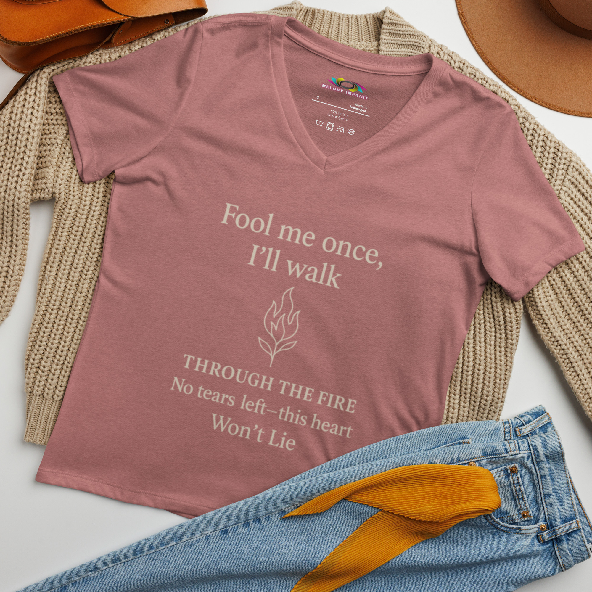 Fool Me Once Through the Fire V-Neck Tee – Empowerment Lyric Shirt for Women – No Tears Left - Image 2