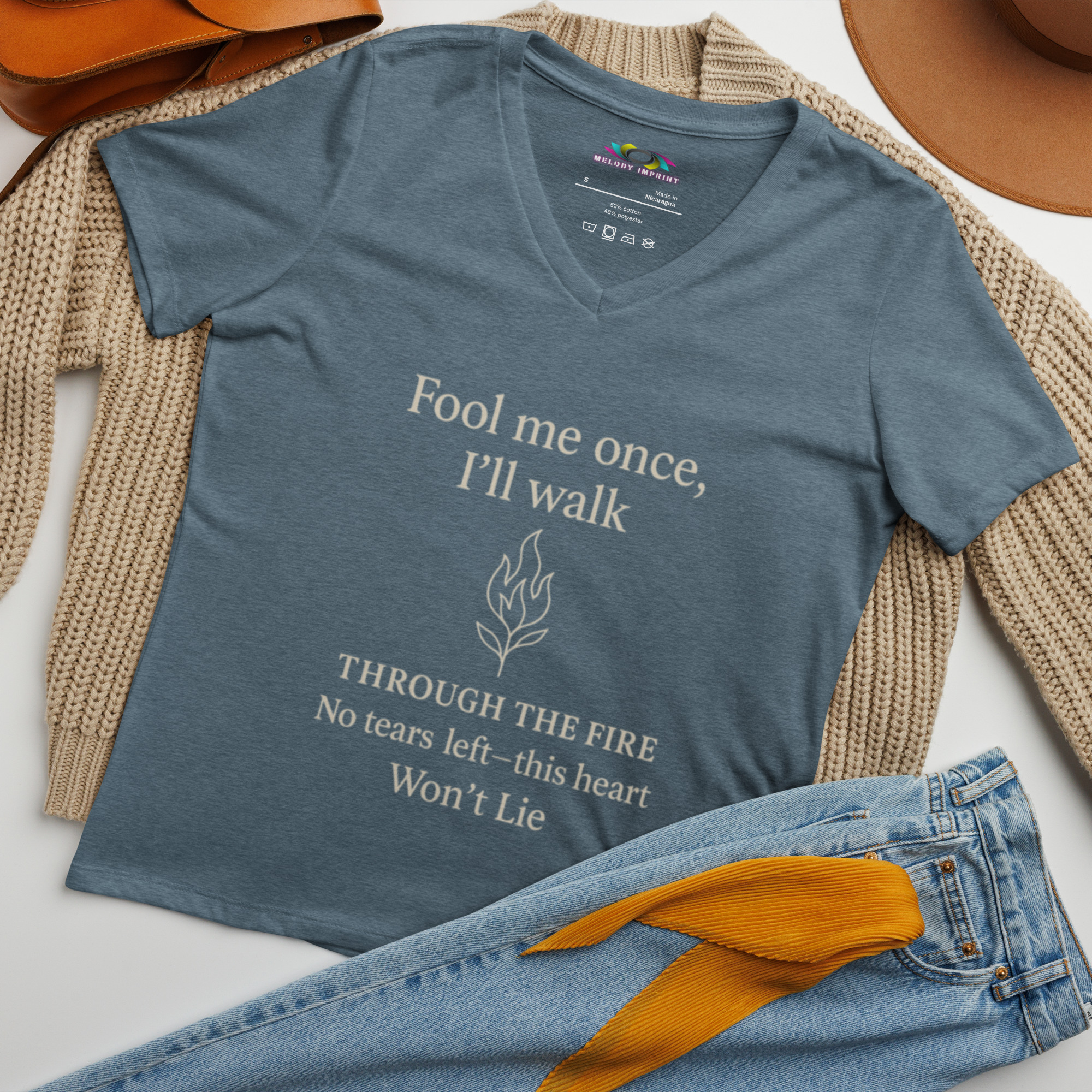 Fool Me Once Through the Fire V-Neck Tee – Empowerment Lyric Shirt for Women – No Tears Left - Image 3