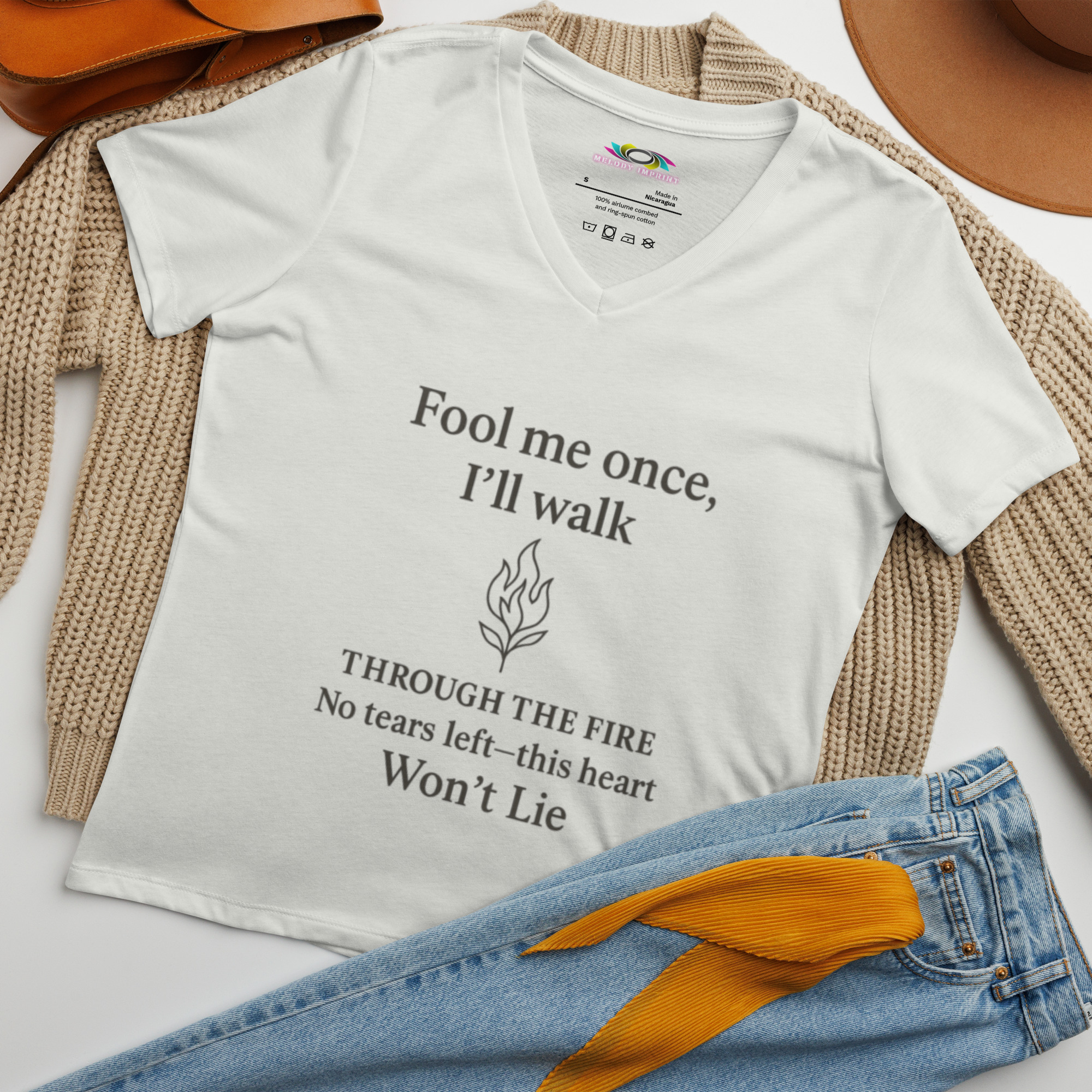 Fool Me Once Through the Fire V-Neck Tee – Empowerment Lyric Shirt for Women – No Tears Left - Image 8