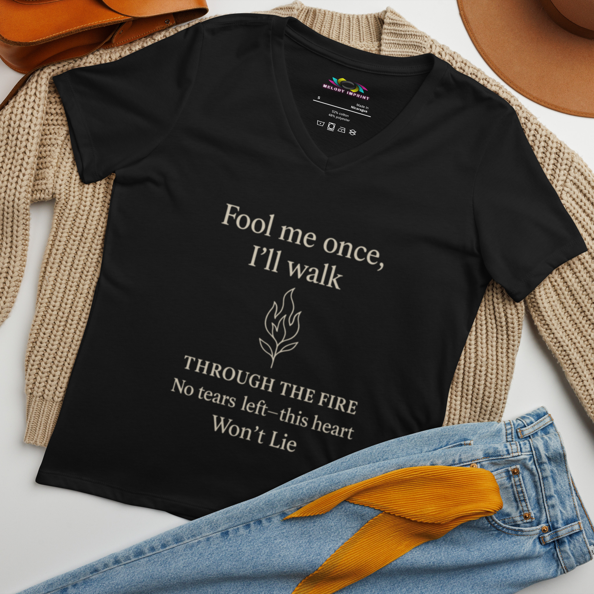 Fool Me Once Through the Fire V-Neck Tee – Empowerment Lyric Shirt for Women – No Tears Left - Image 6