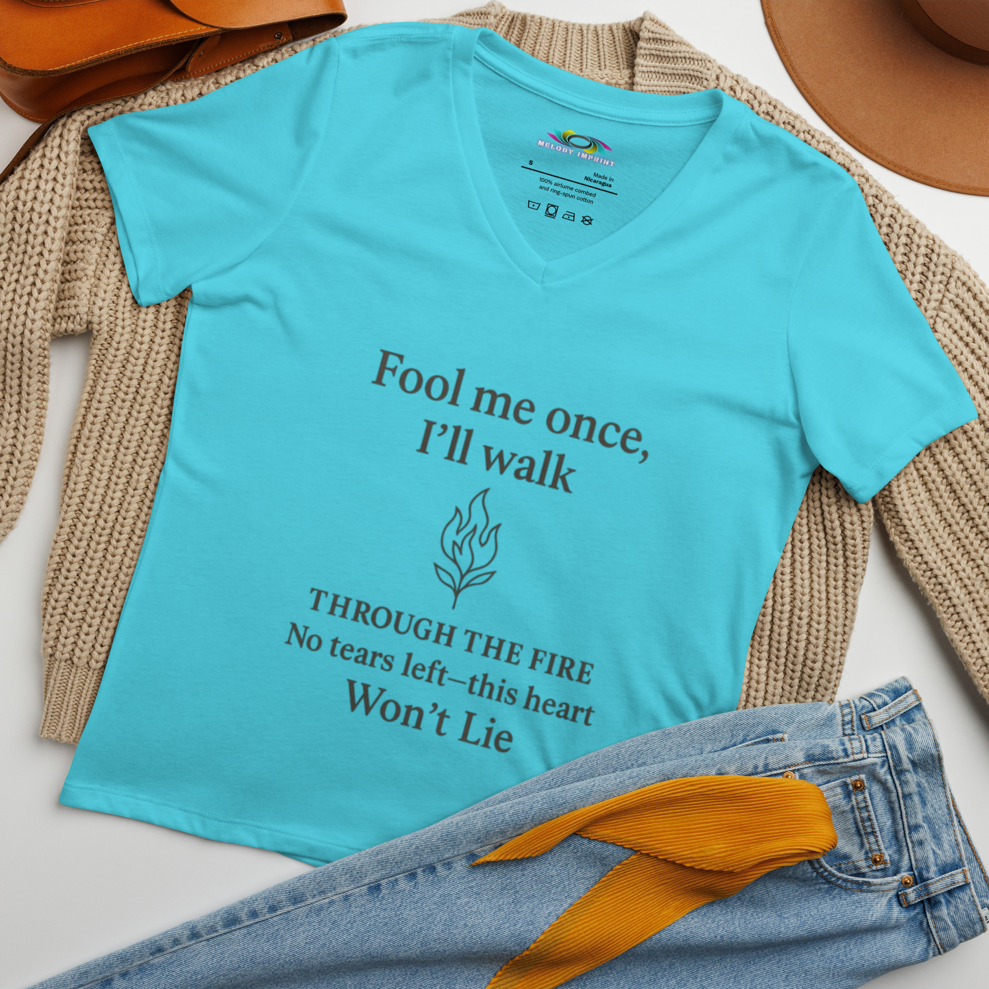 Fool Me Once Through the Fire V-Neck Tee – Empowerment Lyric Shirt for Women – No Tears Left - Image 7